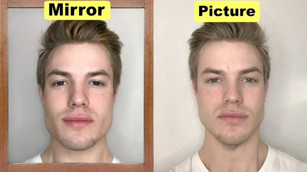 comparison of a man in mirror and in person 